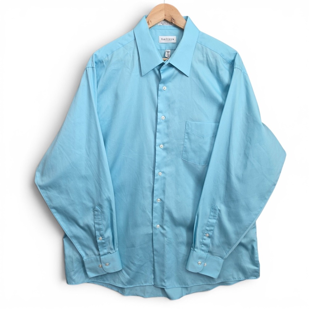 Van Heusen Dress Shirt Mens 17.5 34/35 XL Blue Lux Sateen Button Up Career